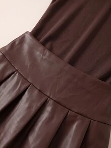 SHEIN Tween Girls Shirt Co-Ords Stand Collar Long Sleeve Pleated Skirt Brown Autumn/Winter 2 Pieces Set - Brown - View 4