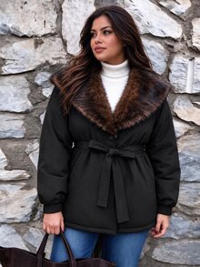 Easura Plus Size Women's Fur Collar Long Sleeve Single-Breasted Casual Winter Jacket - Black - View 1