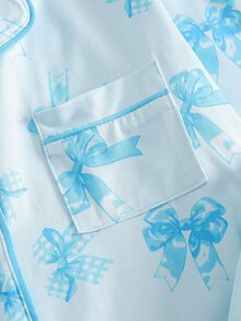 青少年女孩蝴蝶結印花長袖單排扣上衣與長褲家居服套裝 秋冬款 - 藍色 - 查看 6