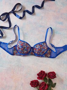 Elorette Royal Blue Underwire Push-Up Side-Smoothing Oil Painting Floral Print Romantic Pastoral Plus Size Bra - Royal Blue - View 1