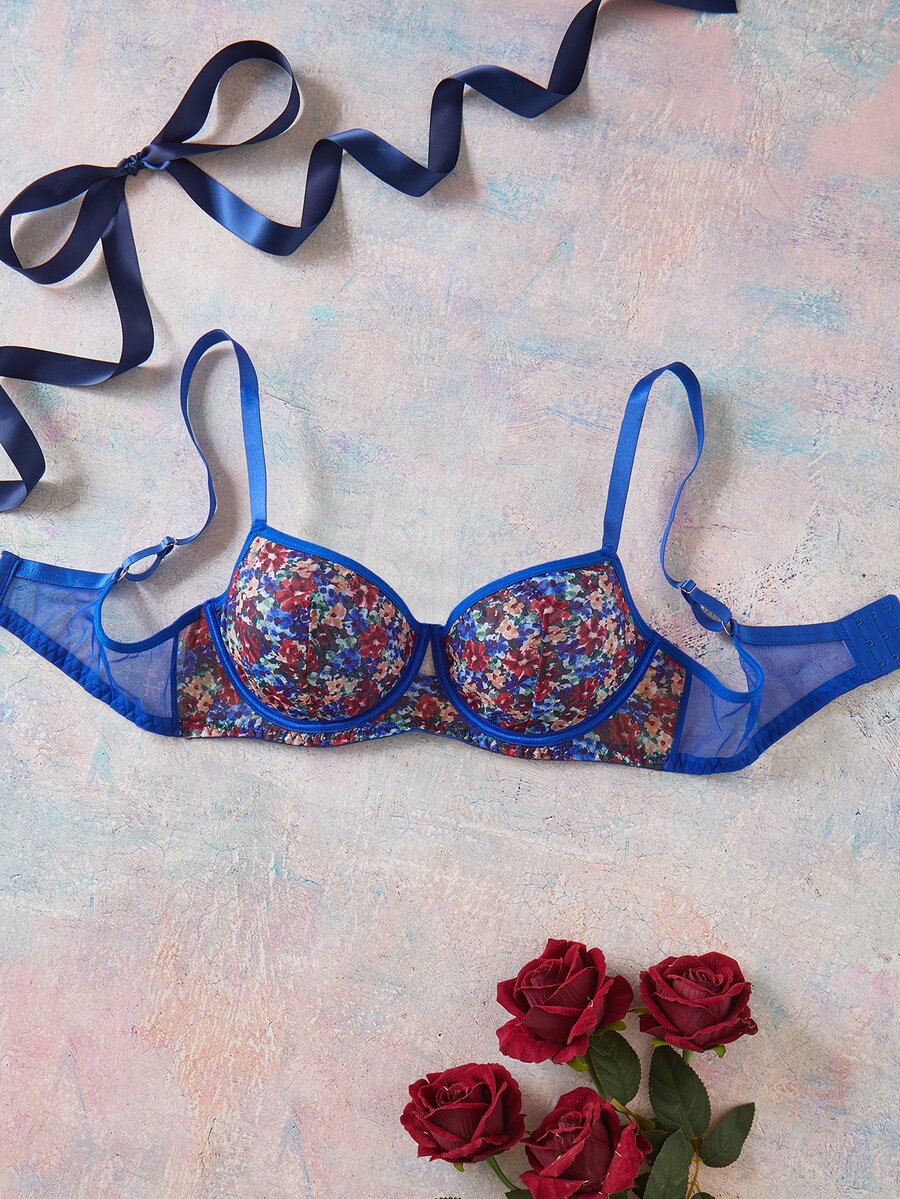 Elorette Royal Blue Underwire Push-Up Side-Smoothing Oil Painting Floral Print Romantic Pastoral Plus Size Bra - Royal Blue - View 1