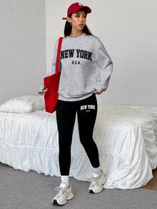 Solflare Plus Size Women's Letter Print Long Sleeve Top And Pants Casual Daily 2 Pieces Set - Light Grey - View 5