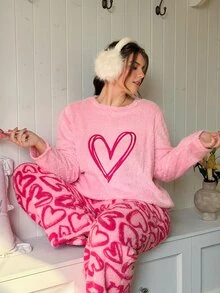 Slumberry CURVE Plus Size Women's Heart Pattern Long Sleeve Top And Pants Casual Daily Home Sleepwear Set - Multicolor - View 6