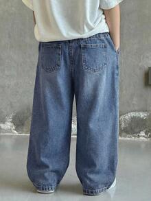 SHEIN Little Byeori 小男孩保暖內裡休閒日常牛仔長褲，附口袋 - 中等水洗藍 - 查看 6