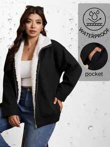 Easura Plus Size Solid Color Drop Shoulder Loose Warm Thermal Lined Winter Jacket Black Cowboy - Black - View 7