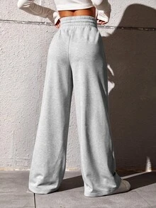 SHEIN EZwear 女款純色抽繩腰寬腿寬鬆休閒運動長褲，畢業季、教師、返校日常工作正式款，深棕色，夏季 - 淺灰色 - 查看 2