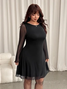 GalTyme فستان سهرة أنيق بمقاس كبير مع خصر مشدود وأكمام طويلة - الأسود - مشاهدة 3