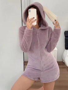 Napfluff بيجامة نسائية قطعة واحدة طويلة من الفرو الناعم للخريف/الشتاء، بتصميم رومانسي لطيف وعصري ومريح، مع بطانية رأس وأذني أرنب طويلة - ارجواني فاتح - مشاهدة 5
