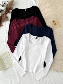 Tseoso 4-Pack Of Women's Solid Color Square Neck Long-Sleeved Casual T-Shirts - Multicolor - View 9