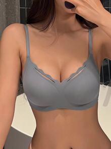 DAZY Wavy Edge Solid Color Seamless Spaghetti Strap Adjustable Slight Push-Up Women's Bra - Dark Grey - View 6
