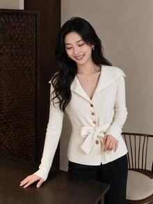 Yumoku Women's French Style Button Long Sleeve Knit Cardigan - Apricot - View 1