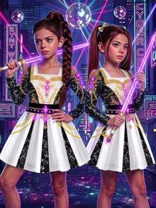 SHEIN 女童亮片鏈條圖案印花洋裝 - 黑色 - 查看 5