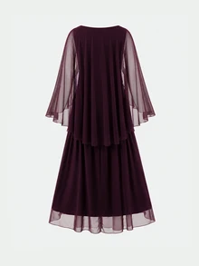 Tween Girl Mesh Patchwork Kids Pleated Fashion Party Dress - Burgundy - View 7