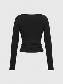 ROMWE Y2K Slogan Fitted Black Vintage Long Sleeve Women's T-Shirt - Black - View 2