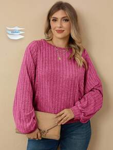 Rosumi Plus Size Women's Ribbed Long Sleeve Soft Form Business Casual Loose Crew Neck Sweatshirt Autumn Dates Office Vacation Light Blue - Hot Pink - View 7