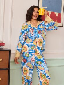 Chillnights Young Fashion Leopard Leaf Star Striped Print Lapel Open Front Long Sleeve Pants Pajama Set For Women - Multicolor - View 6