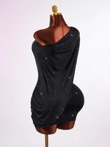 Mistrie Women's Elegant Party Velvet Rhinestone Asymmetrical Neckline Dress - Black - View 6