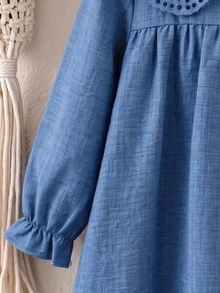 Young Girl 4-8Y Preppy Eyelet Embroidery Peter Pan Collar Long Sleeve Ruffle A-Line Dress School Party Matching Photoshoot Fall Winter Outfits - Blue - View 6