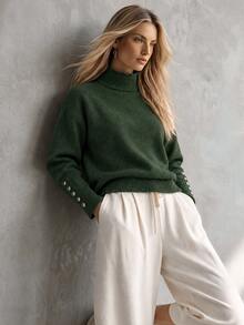 Trelyra Versatile Casual Commute Minimalist High-End High Neck Loose Pullover Sweater - Olive Green - View 3