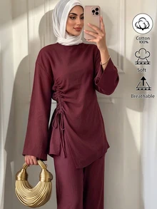 Elenzga Women's Minimalist Drawstring Pleated Top And Loose Pants Set - Burgundy - View 3