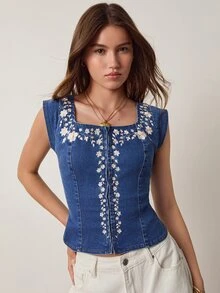 Willow Rêve Women's Embroidered Blue Denim Top - Blue - View 6