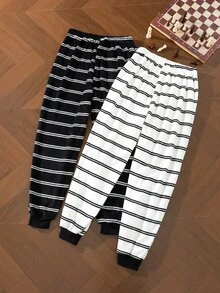 EverLounge Men's Casual Plush Striped Loungewear Pants 2-Piece Set - Black and White - View 2