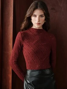Anewsta Women's Burgundy Lace Fitted Sheer Long Sleeve Inner Top, Commute Date Party Atmosphere T-Shirt, Autumn/Winter - Burgundy - View 6