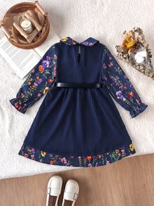 SHEIN Young Girl Floral Digital Print Ribbed Mock 2-Piece Dress Cute Ruffle Long Sleeve Peter Pan Collar Fall Winter Loose Casual Flared Layered Midi Dress - Royal Blue - View 2