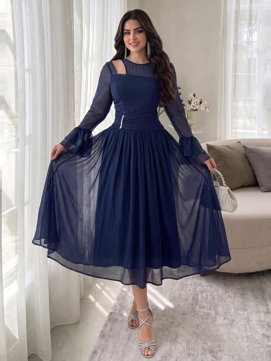 Feyla Women's Mesh Patchwork Pleated Elegant Waist-Cinching Party Midi Dress - Navy Blue - View 1