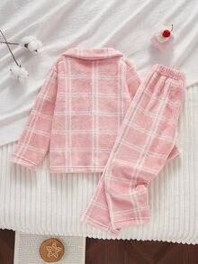 2件組粉色格紋滿版印花法蘭絨居家服套裝，保暖內裡加厚，甜美基礎經典格紋風，秋冬女童款 - 粉色 - 查看 2