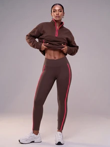 Zivah Women's Zip-Up Half-Placket Long Sleeve Sweatshirt And Leggings Sports Set - Coffee Brown - View 10