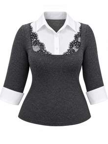 Sweetra Plus Size Autumn/Winter Contrast Collar Lace Patchwork Sexy Commuter Elegant Blouse - Dark Grey - View 3