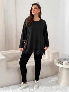 Shapeblank 大尺碼時尚長袖黑色蕾絲拼接T恤，開衩下擺，秋季穿搭，外出上衣，簡約風格，秋冬上衣T恤 F，秋冬 - 黑色 - 查看 6