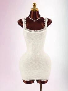 Amplova Autumn/Winter Date Party Snow Backless Bow Design Diamond Textured Knit Dress - Beige - View 9