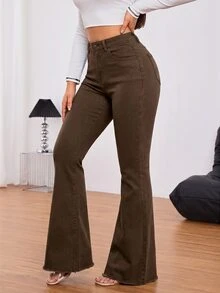 SHEIN PETITE 女款休閒日常丹寧喇叭牛仔褲，附口袋與鈕扣設計 - 摩卡棕 - 查看 7