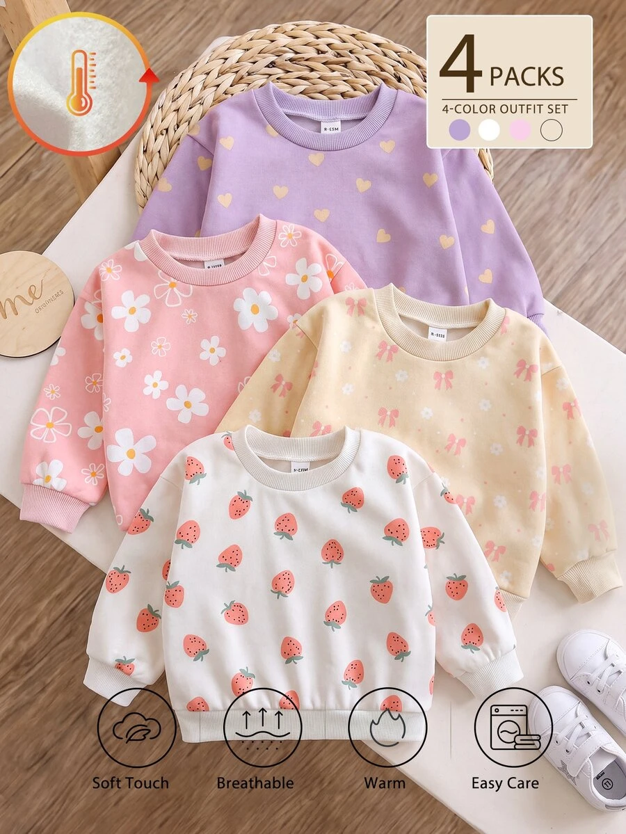 4件組幼兒女嬰可愛粉紫色草莓花朵蝴蝶結長袖圓領抓絨衛衣,秋季校園圖案美學套頭衫 - 彩色 - 查看 1