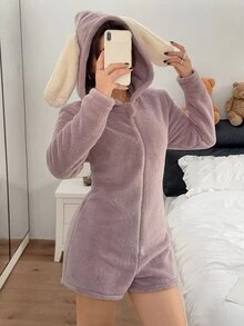 Napfluff بيجامة نسائية قطعة واحدة طويلة من الفرو الناعم للخريف/الشتاء، بتصميم رومانسي لطيف وعصري ومريح، مع بطانية رأس وأذني أرنب طويلة - ارجواني فاتح - مشاهدة 3