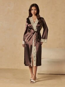 HautHeat Women's Contrast Lace Long Sleeve Elegant Nightgown - Coffee Brown - View 3