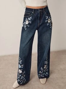 Willow Rêve Women's Embroidered Loose Wide Leg Dark Blue Denim Jeans - Blue - View 1