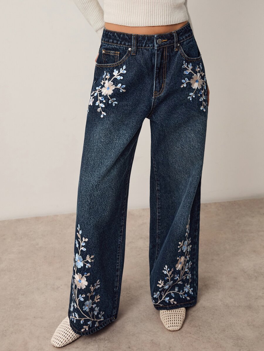 Willow Rêve Women's Embroidered Loose Wide Leg Dark Blue Denim Jeans - Blue - View 1
