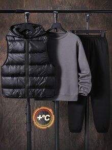 3pcs Buy 2 Get 1 Free Kids Tween Boy Casual Dark Gray Sweatshirt & Sweatpants Set With Quilted Padded Winter Coat Parka, Suitable For Fall/Winter, School, Winter Outfit - Multicolor - View 2