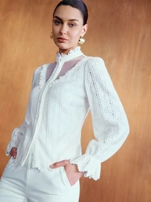 MOTF PREMIUM WOMEN'S AUTUMN/WINTER LACE RUFFLE HIGH NECK FRONT-OPENING LONG SLEEVE BLOUSE - White - View 5