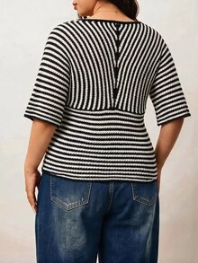 Enliva Plus Size Women's V-Neck Striped Casual Daily Knit Top - Black and White - View 2