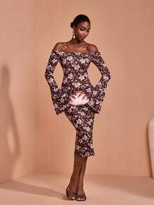 JIAN LASALA Knit Floral Print Off Shoulder Long Bell Sleeve Midi Dress Vacation Elegant Holiday - Multicolor - View 5