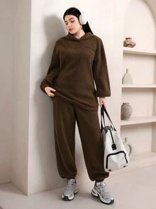 Veilorie Women's Letter Embroidered Long Sleeve Hoodie And Pants Casual 2 Pieces Set - Brown - View 6