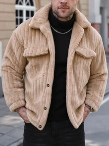 Manfinity CasualCool Manfinity 男士黑色法蘭絨抓絨夾克，冬季街頭風節日款翻蓋設計鈕扣前襟長袖泰迪內裡外套，美式復古夾克 - 卡其色 - 查看 3