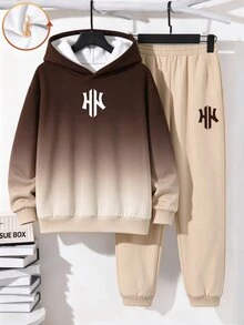 青少年男孩休閒極簡長袖連帽舒適衛衣2件套，適合秋冬，經典酷感漸層圖案印花，精緻Logo圖案印花 - 彩色 - 查看 2