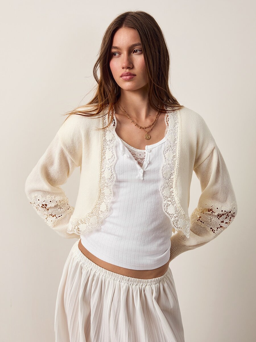 Willow Rêve Women's Lace Patchwork Casual Versatile Daily Wear Cardigan - Cream - View 1