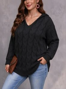Linhara CURVE Plus Size Women's Cable Knit V-Neck Long Sleeve Casual Pullover Sweater - Dark Grey - View 6