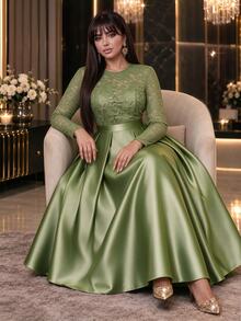 Auveirra Đầm satin phối ren size lớn - màu xanh lá - Xem 3